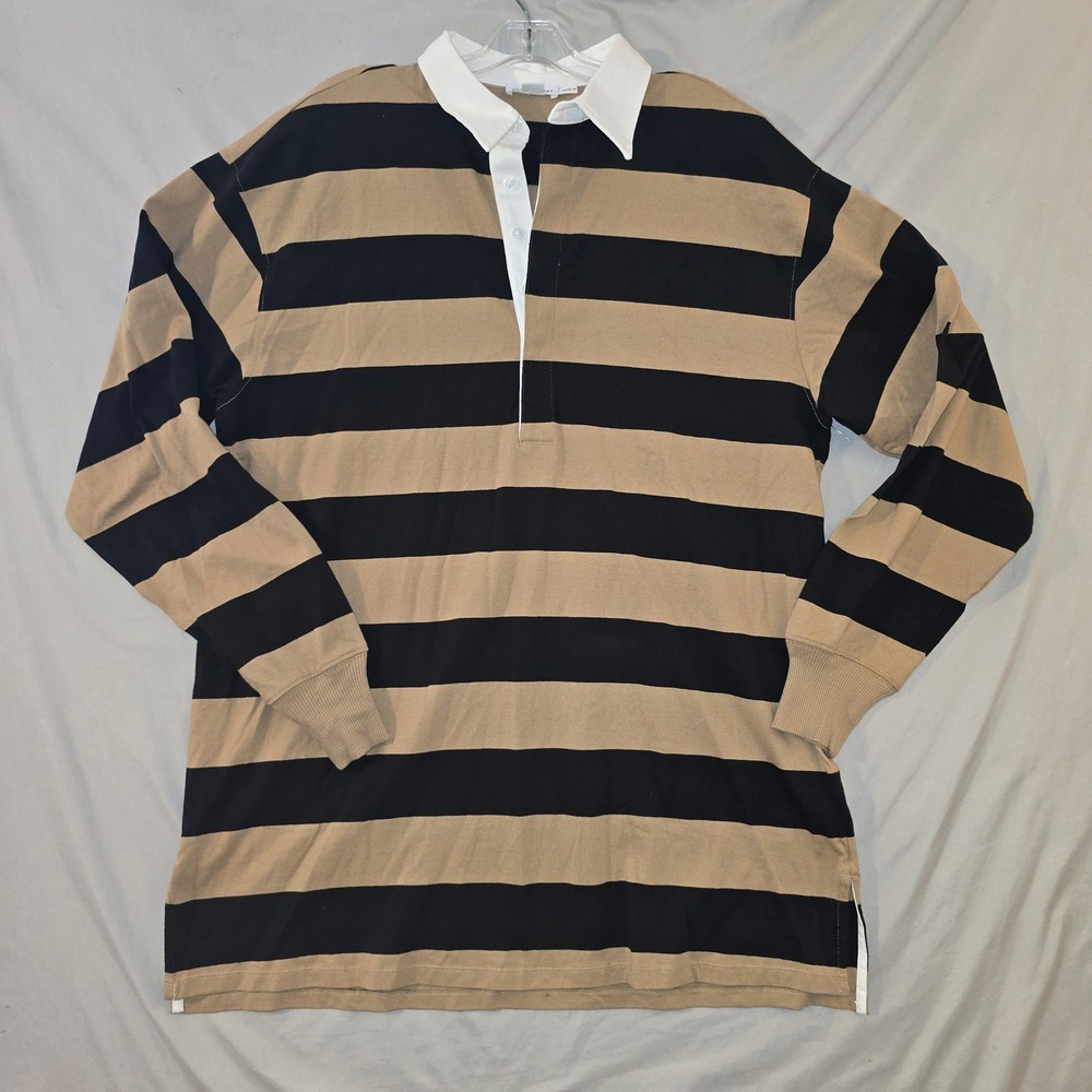 Good American Rugby Shirt M Mens Khaki Black Striped Long Sleeve GDK0376